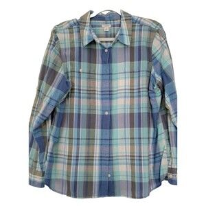 LL Bean Women's Green Blue Plaid Cotton Long Sleeve Button Down Shirt XL